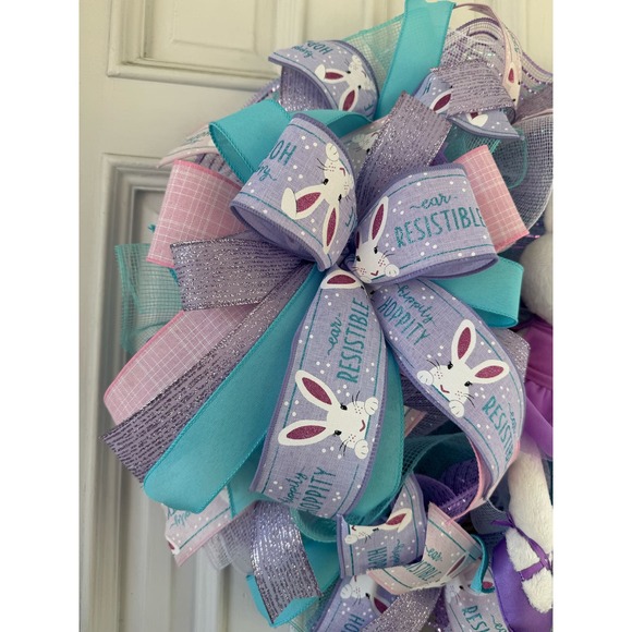 Purple Ballerina Bunny Rabbit Mesh Ribbon Easter & Spring Wreath Door Hanger xxx - Picture 3 of 7